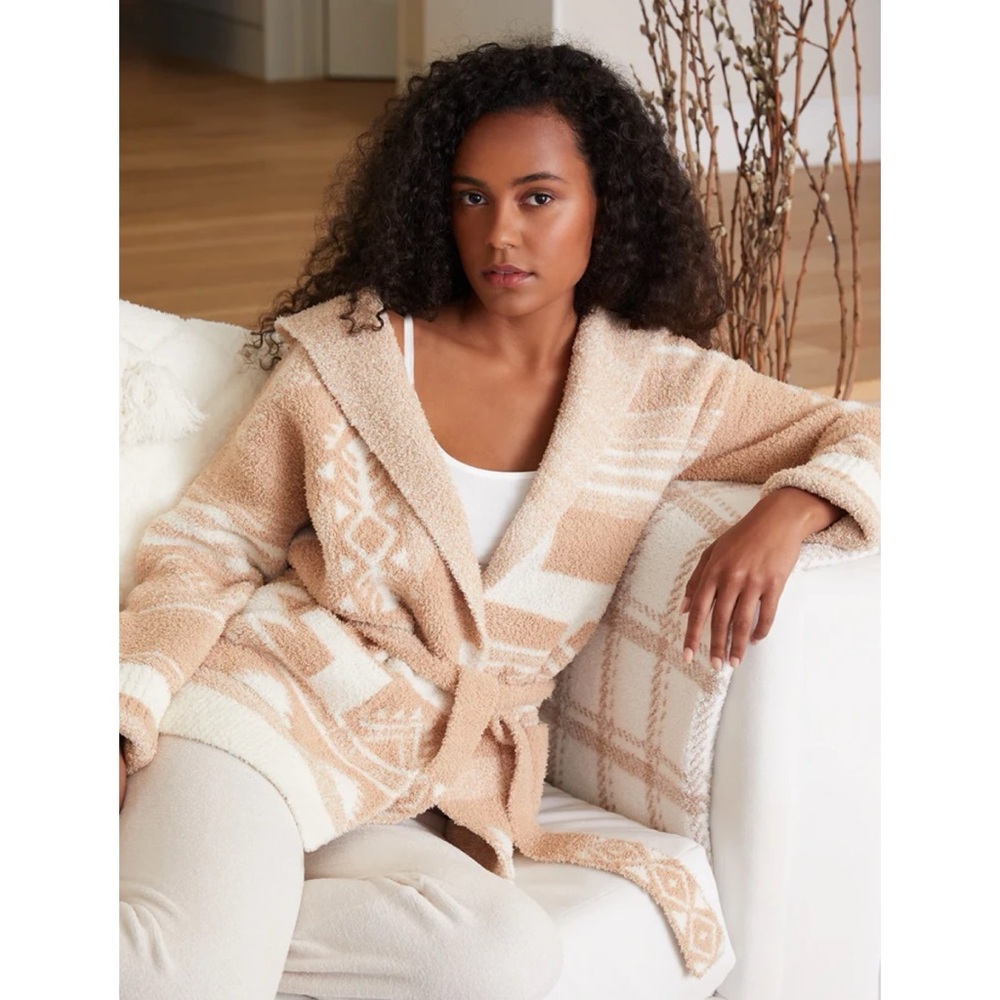 Barefoot Dreams CozyChic Patchwork Belted Cardigan in Soft Camel/Cream Aztec
